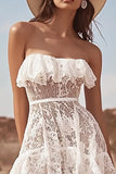 Strapless White Lace A Line Ruffled Boho Wedding Dress