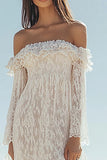 Off the Shoulder White Lace Sheath Boho Wedding Dress with Slit