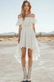 Lace Off the Shoulder White A Line Graduation Dress