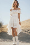 Cold Shoulder Lace White A Line Ruffled Graduation Dress