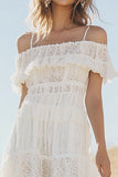 Cold Shoulder Lace White A Line Ruffled Graduation Dress