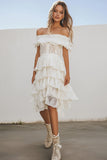 White Lace Tiered Off the Shoulder A Line Graduation Dress