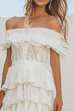 White Lace Tiered Off the Shoulder A Line Graduation Dress