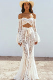 Boho Off the Shoulder White Lace Mermaid Wedding Dress
