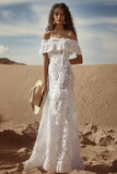 Off the Shoulder Lace White A Line Boho Wedding Dress