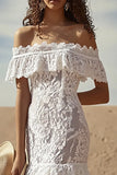 Off the Shoulder Lace White A Line Boho Wedding Dress