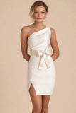One Shoulder White Bodycon Graduation Dress with Bow