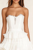 Strapless White Lace Short Graduation Dress with Ruffles