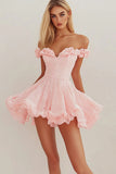Off the Shoulder Pink Short Graduation Dress with Ruffles