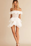 Off the Shoulder White Ruffled Lace Short Graduation Dress