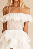 Off the Shoulder White Ruffled Lace Short Graduation Dress