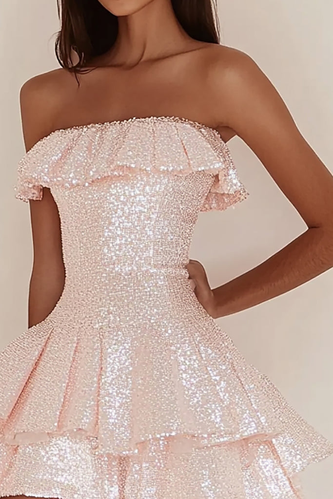 Zapaka Women Sparkly Pink Short Cocktail Dress with Ruffles A Line — free download