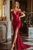 Sparkly Golden Mermaid Off The Shoulder Prom Dress With Slit