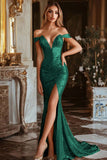 Sparkly Golden Mermaid Off The Shoulder Prom Dress With Slit