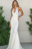 White Halter Mermaid Long Engagement Dress