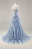 Grey Purple Beaded Corset Applique Long Prom Dress with Slit