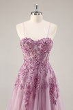 Grey Purple Beaded Corset Applique Long Prom Dress with Slit