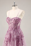 Grey Purple Beaded Corset Applique Long Prom Dress with Slit