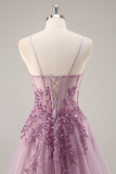 Grey Purple Beaded Corset Applique Long Prom Dress with Slit