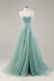 Grey Purple Beaded Corset Applique Long Prom Dress with Slit