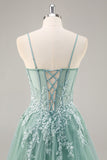 Grey Purple Beaded Corset Applique Long Prom Dress with Slit