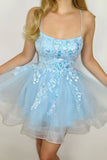 Cute Glitter Blue A Line Sequins Short Homecoming Dress with Appliques