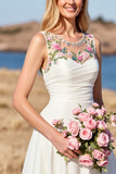 Floral A Line Round Neck White Long Wedding Dress