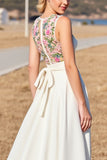 Floral A Line Round Neck White Long Wedding Dress
