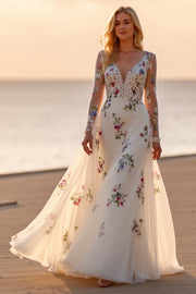 White A Line Floral Appliqued Wedding Dress with Long Sleeves