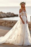 White Tulle Off the Shoulder Boho Sweep Train Wedding Dress with Appliques