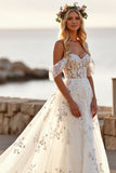 White Tulle Off the Shoulder Boho Sweep Train Wedding Dress with Appliques
