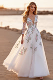 White Tulle Floral A Line Boho Floor Length Wedding Dress