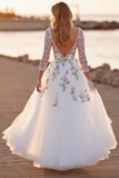 White Tulle Floral A Line Boho Floor Length Wedding Dress