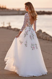 White Tulle Floral A Line Boho Floor Length Wedding Dress