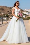 White A Line Tulle Sweep Train Wedding Dress with Lace