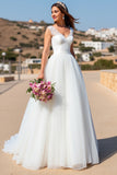 White A Line Tulle Sweep Train Wedding Dress with Lace