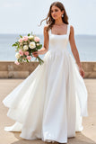 Chiffon White A Line Square Neck Boho Wedding Dress