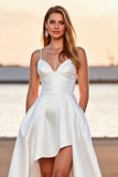 White Satin A Line Boho High-Low Wedding Dress