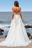 White Tulle A Line Maxi Boho Sweep Train Wedding Dress with Appliques