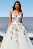 White Tulle A Line Maxi Boho Sweep Train Wedding Dress with Appliques