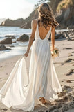 White Chiffon A Line Sweep Train Boho Wedding Dress with Sash