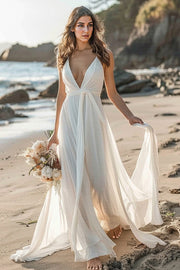 White Chiffon A Line Sweep Train Boho Wedding Dress with Sash