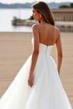 Strapless White Chiffon A Line Sweep Train Wedding Dress