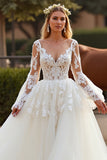 V Neck White Tulle Ball Gown Boho Sweep Train Wedding Dress with Lace