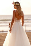 Boho White Tulle A Line Sweep Train Wedding Dress with Lace
