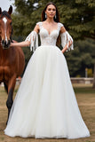 White Tulle A Line  Boho Long Wedding Dress with Lace