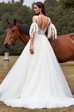 White Tulle A Line  Boho Long Wedding Dress with Lace