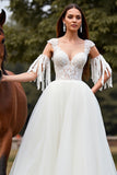 White Tulle A Line  Boho Long Wedding Dress with Lace