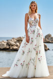 White A Line Tulle Boho Sweep Train Wedding Dress with Appliques
