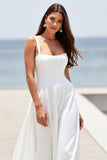 White Square Neck A Line Boho Sweep Train Wedding Dress